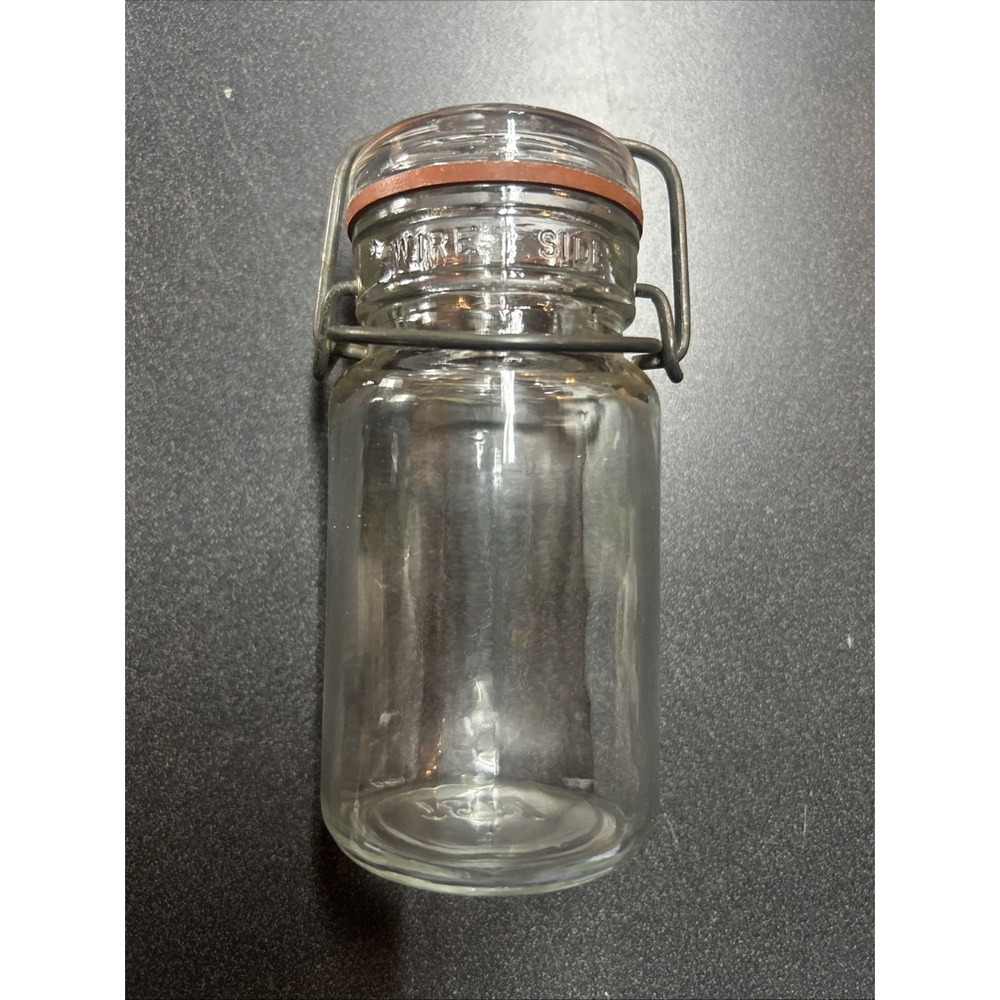 Vintage French Half Pint Glass Jar Wire Bale Lid Clear "Wire Side" Star Embossed